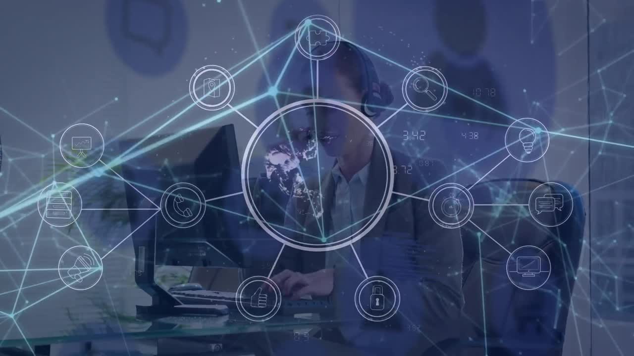 animación de la red de conexiones con iconos sobre las mujeres que usan auriculares de teléfono