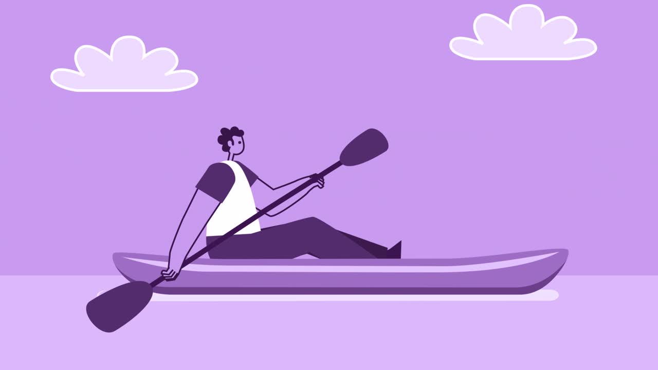 Purple Style Man Flat Character Swims in Kayak. Isolated Loop Animation with Alpha Channel