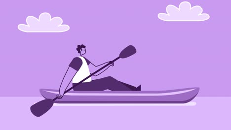 purple style man flat character swims in kayak. isolated loop animation with alpha channel