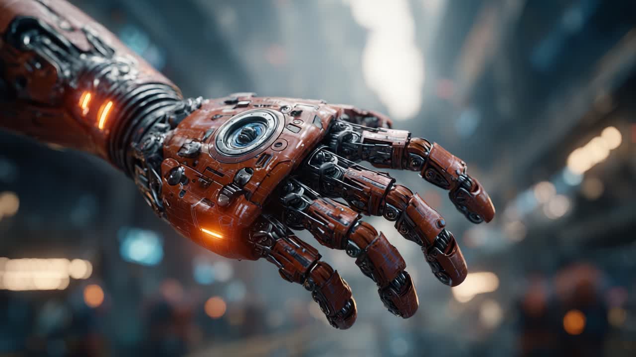 An Intricate Robotic Hand Showcasing Advanced Technology and Engineering, Poised for Action in a Futuristic, Mechanized Environment with Bright Lighting and Detailed Design Elements