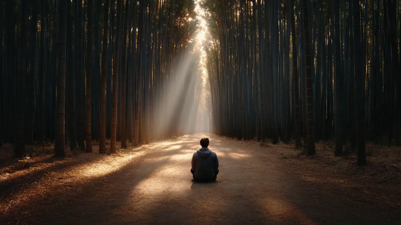 A Serene Moment in the Forest: Capturing the Tranquility of Nature as a Figure Meditates in Sunlit Bamboo Surroundings