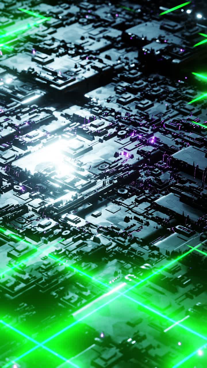 4K vertical animation. Electronic circuit motherboard with glowing flowing lights background