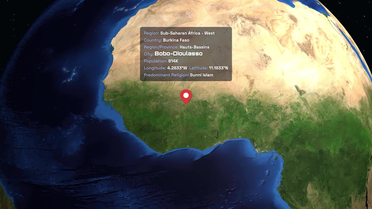 Digital globe rotates and zooms into West Africa, highlighting Bobo-Dioulasso with a location data box