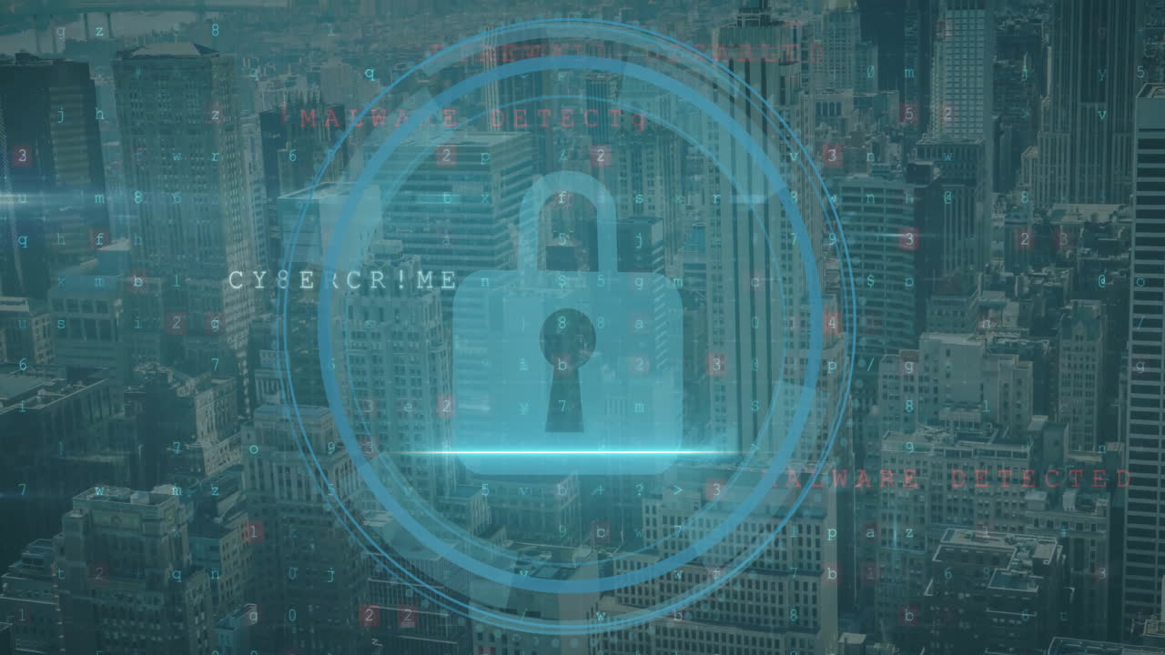 Animation of padlock icon over network and data processing over cityscape