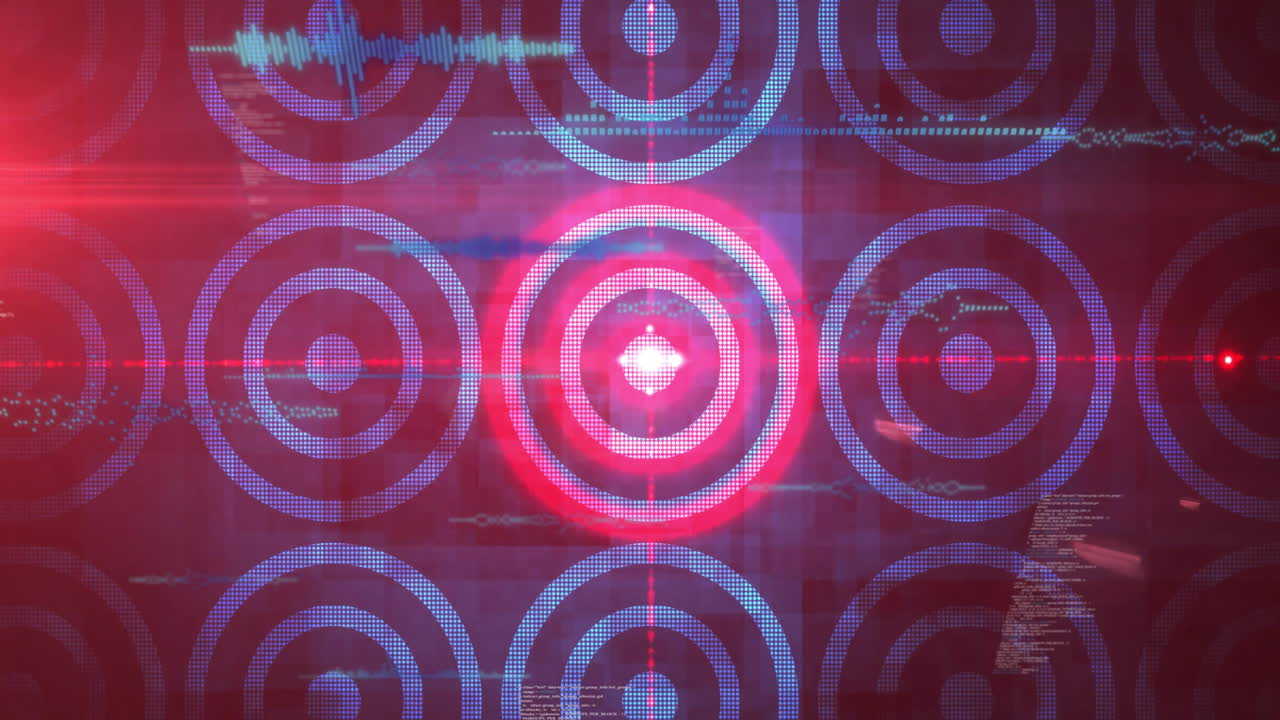 Animation of glowing red target patterns with digital waveforms overlaying data