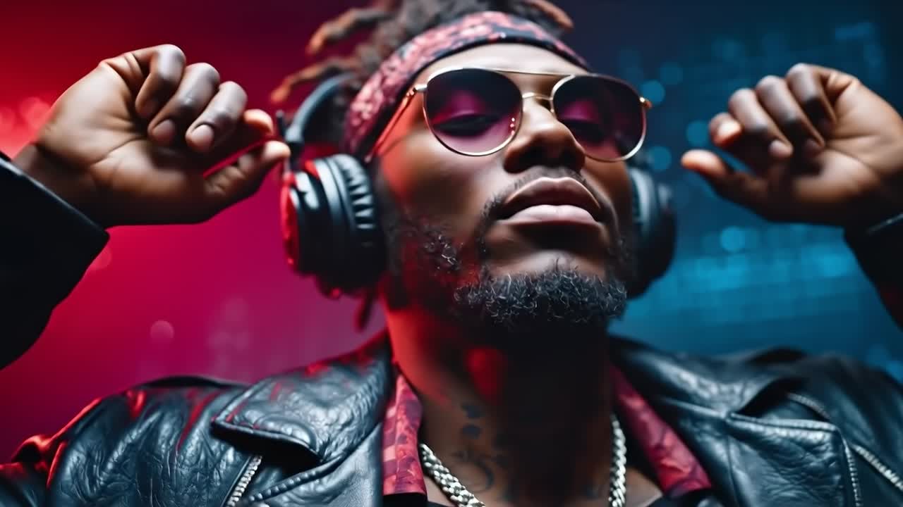 A man wearing headphones and sunglasses in front of a red light