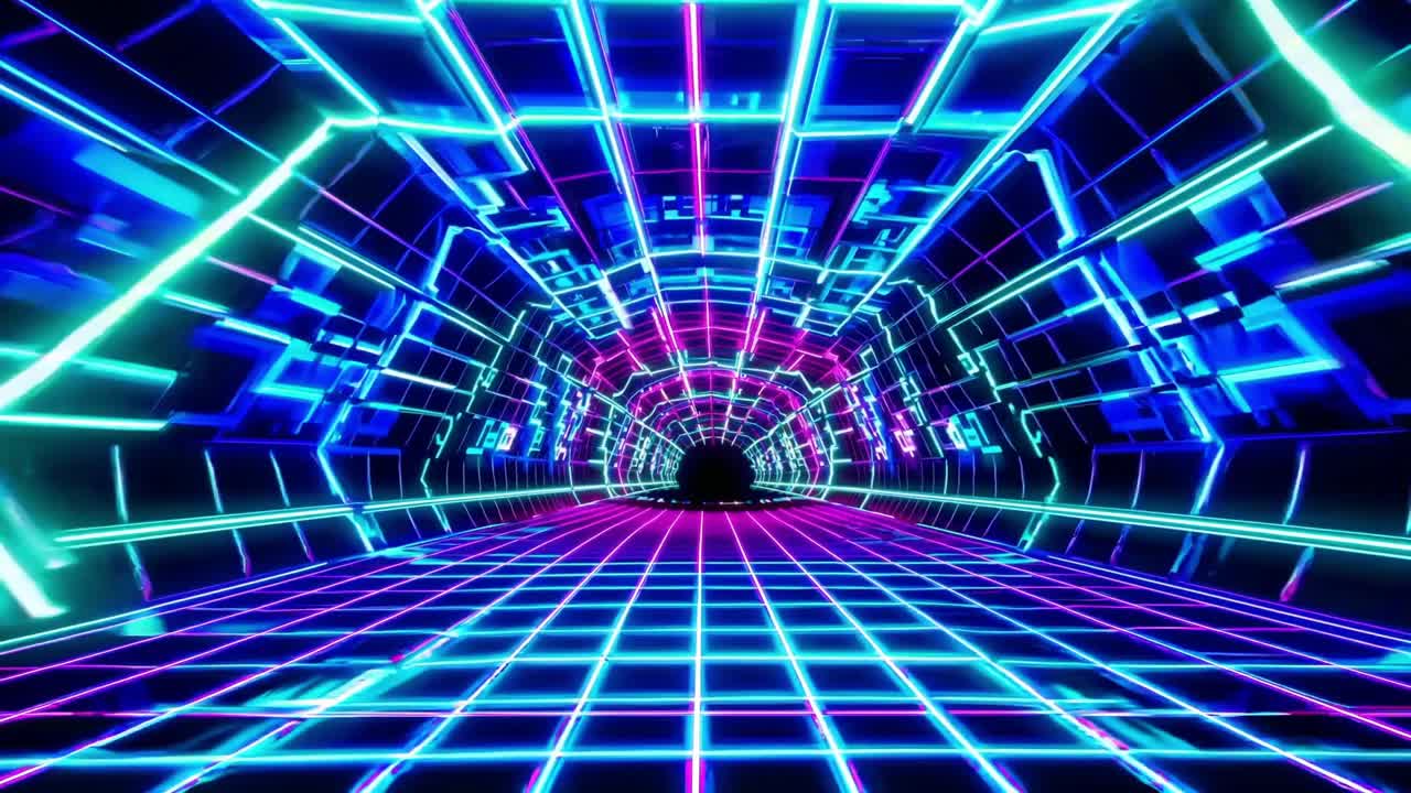 Futuristic neon tunnel with vibrant blue and pink lights, showcasing a dynamic motion sequence through a digital landscape, creating an immersive visual experience