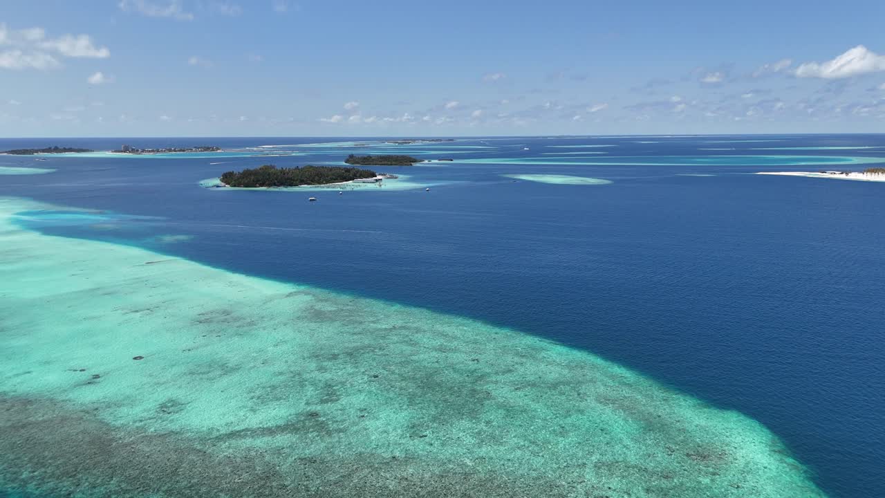 ヤシの木とターコイズブルーのラグーンが特徴の熱帯の島。モルディブの白い砂浜、ドローン空撮。