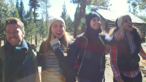 excited friends hiking past a cabin in a forest, close up, shot on r3d