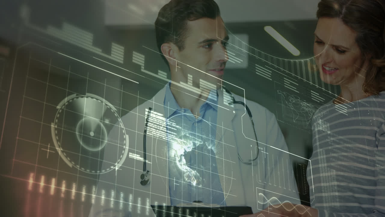 animación de procesamiento de datos científicos sobre un médico caucásico usando una tableta