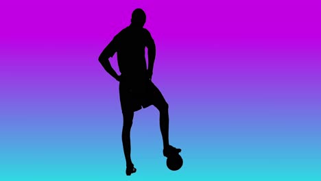 video of black silhouette of male soccer player with ball on blue to purple background