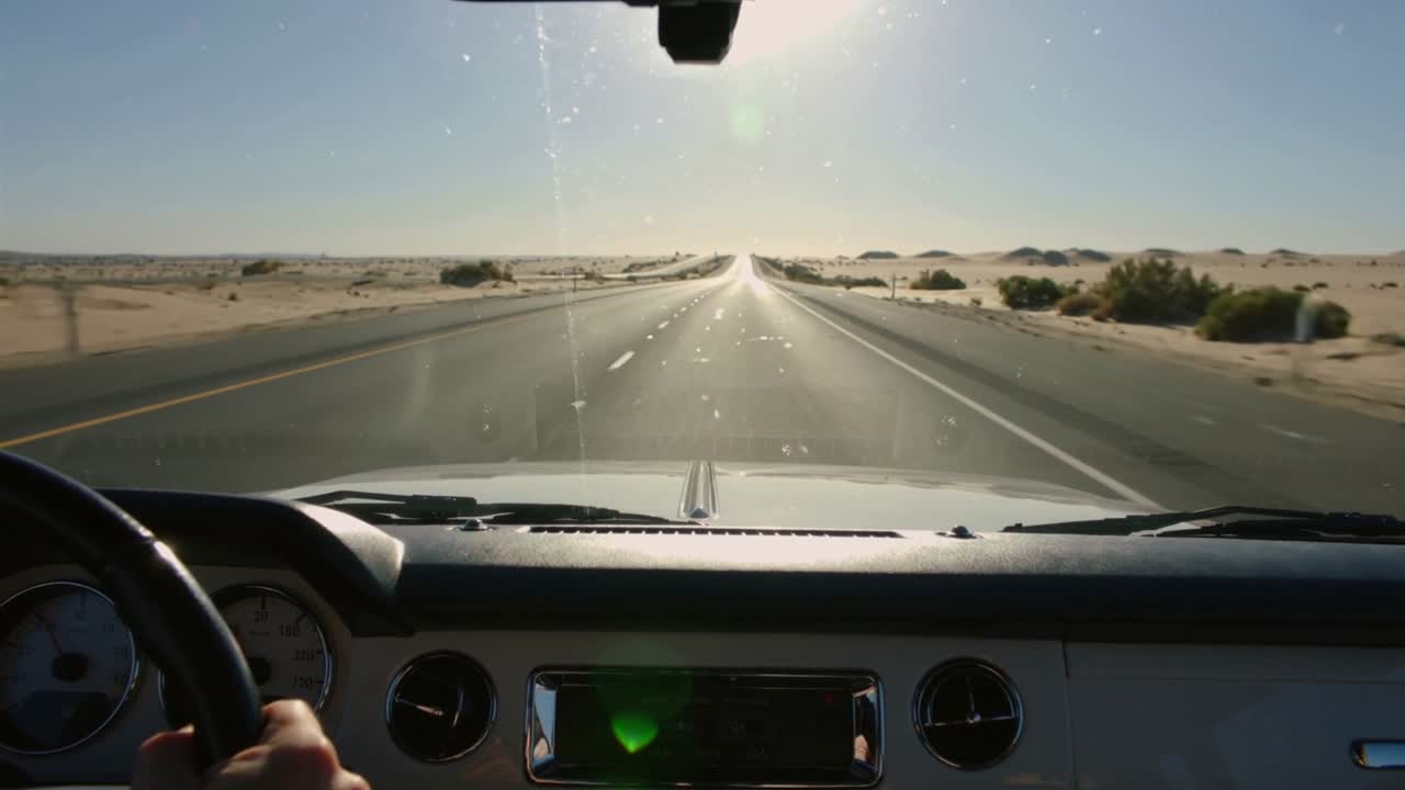Inquadratura che inizia dal guidatore che tiene il volante, mantenendosi stabile su un'autostrada nel deserto, con parabrezza impolverato