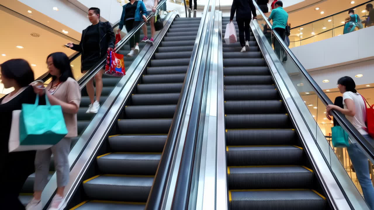 People moving on escalators in a busy shopping mall