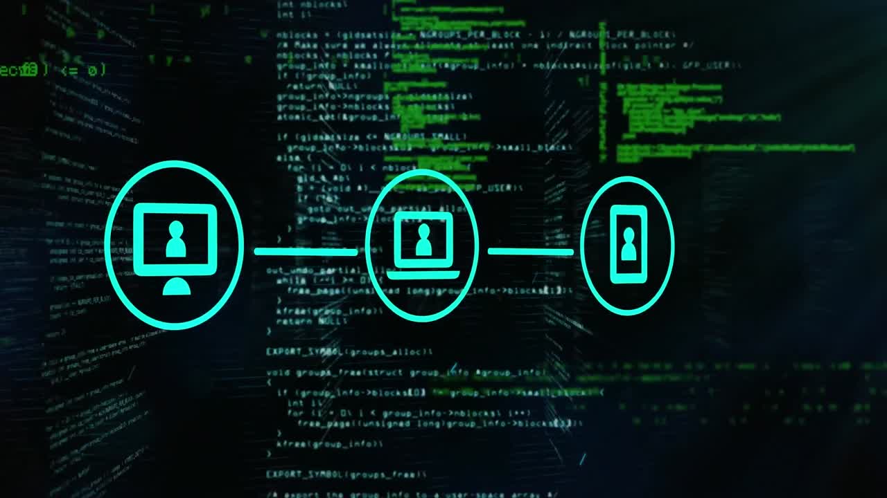 Animation of flow chart of icons with computer language against black background