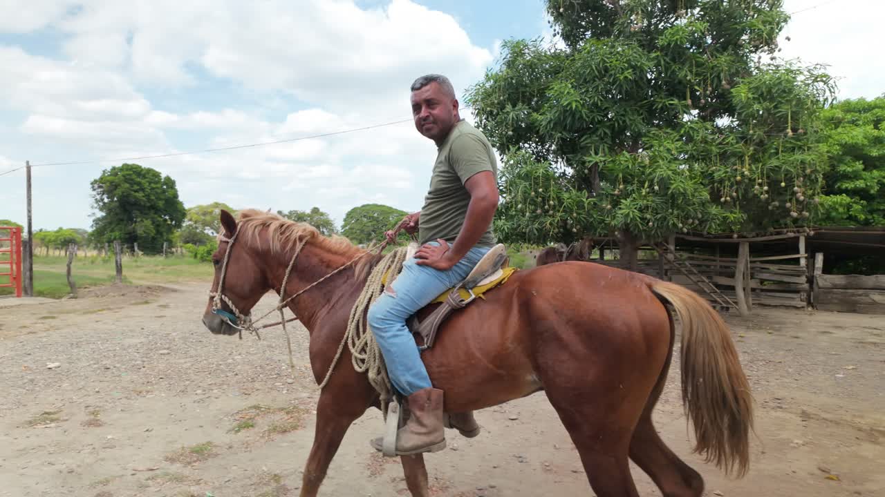 Llanero riding a horse on a dusty ranch under a bright sky, calm and traditional scene