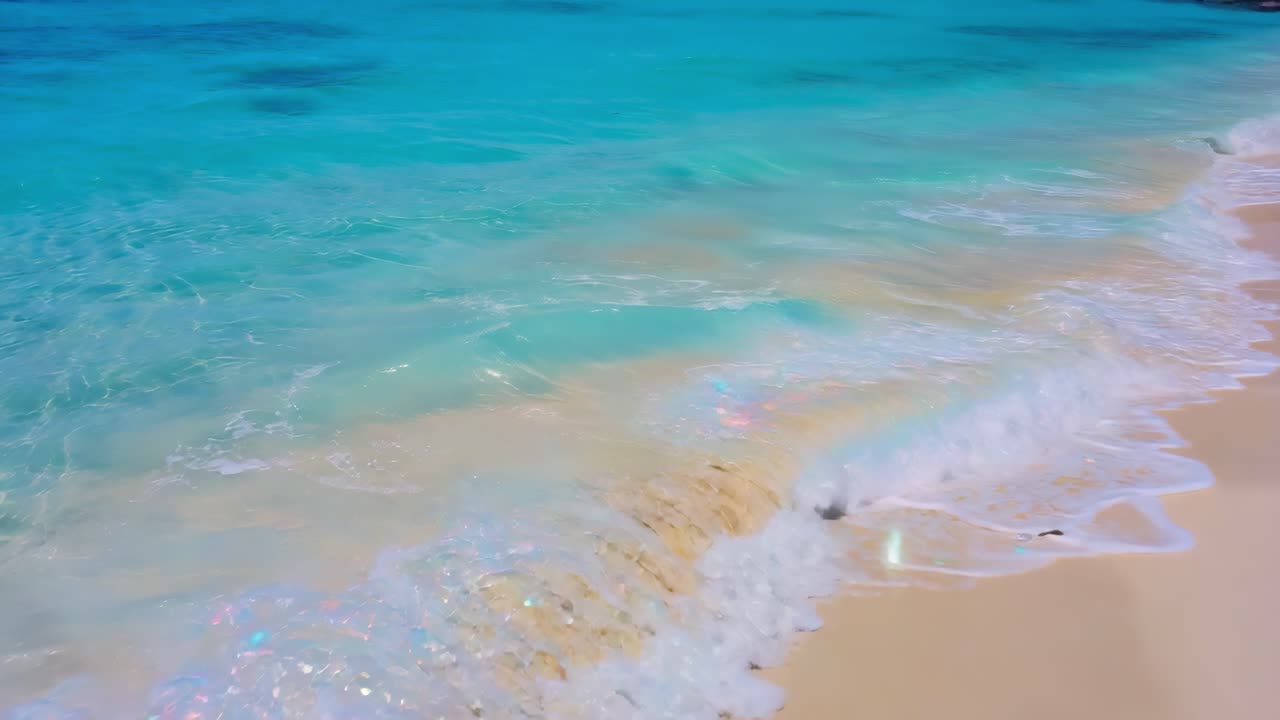 Crystal clear turquoise water gently washing golden sand beach on a tropical island, creating a mesmerizing natural spectacle of vibrant colors and soothing sounds