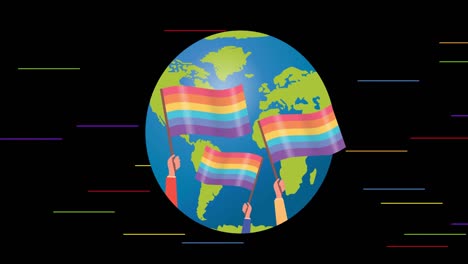 Animation-of-rainbow-flags-with-globe-over-rainbow-stripes-on-black-background