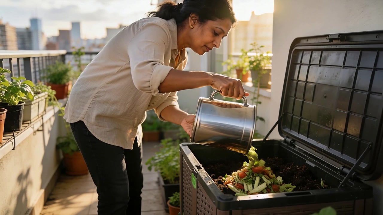 Woman Adding Kitchen Food Scraps to Balcony Compost Bin