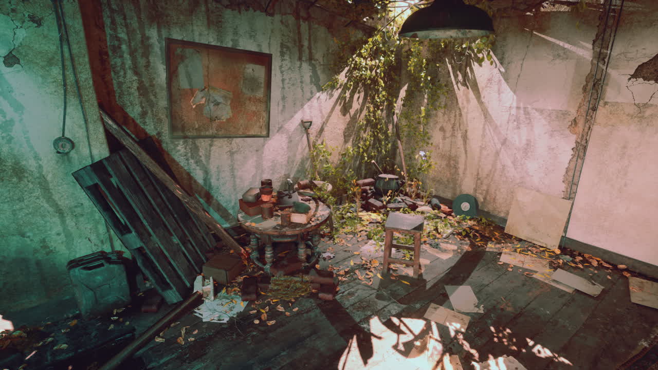 habitación abandonada cubierta de plantas