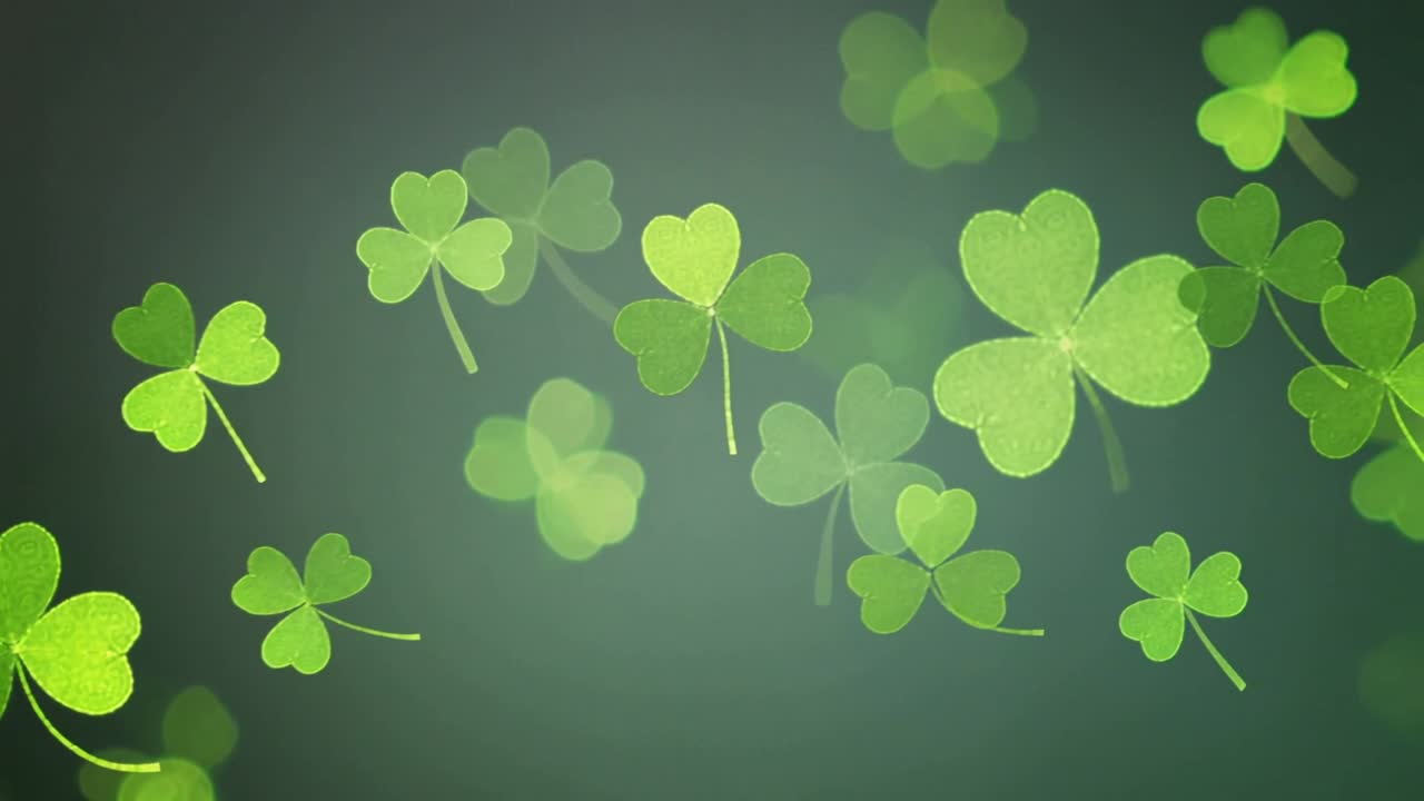 Entering from edges, shamrocks drifting and shifting right on soft green, forming depth with bokeh