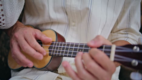 manos del guitarrista tocando cuerdas tocando el ukulele en un primer plano de la calle. hombre desconocido