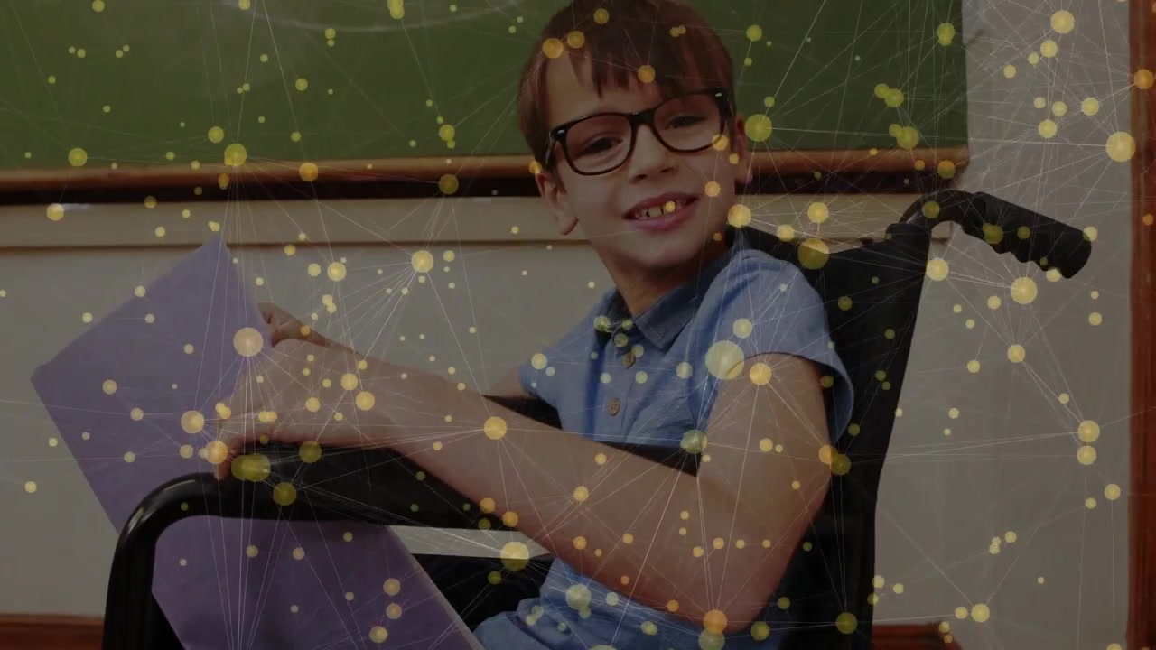 Wheelchair boy shifting as camera panning, sorting purple folder for class, smiling with yellow net