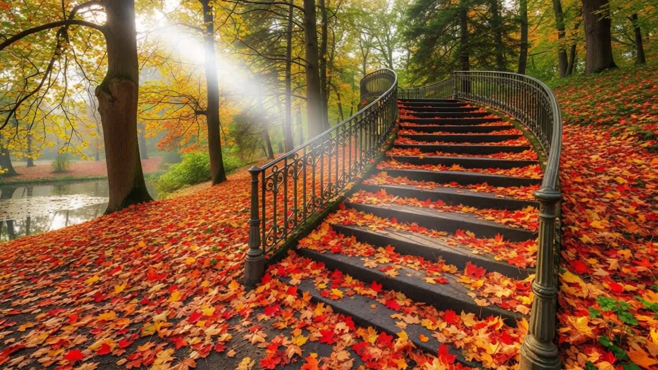 A Serene Autumn Scene Captured in Two Frames: Enchanted Staircase Surrounded by Vibrant Orange and Yellow Leaves, Bathed in Soft Sunlight