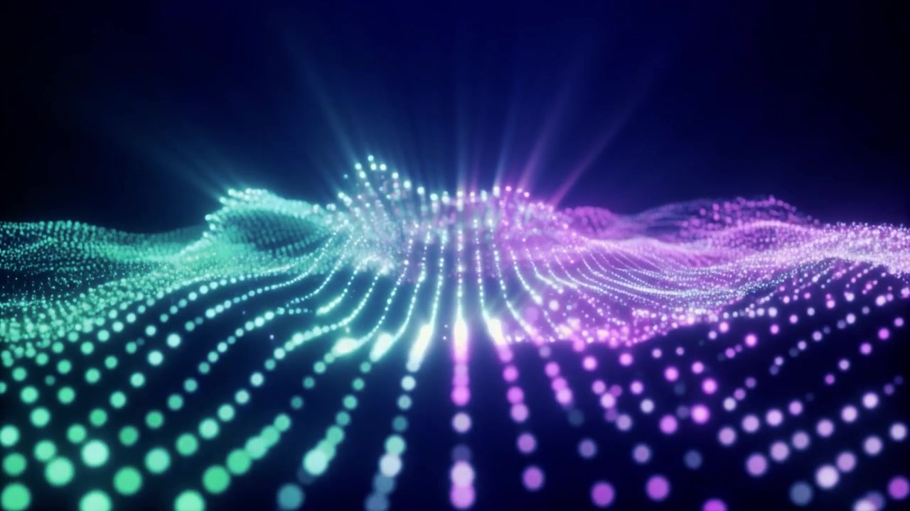 Abstract Digital Wave of Glowing Particles in Teal and Purple