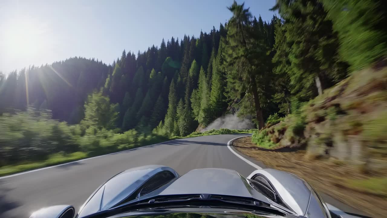 Video dinamico che cattura una vista dal basso da un'auto sportiva che sfreccia lungo una strada forestale tortuosa.