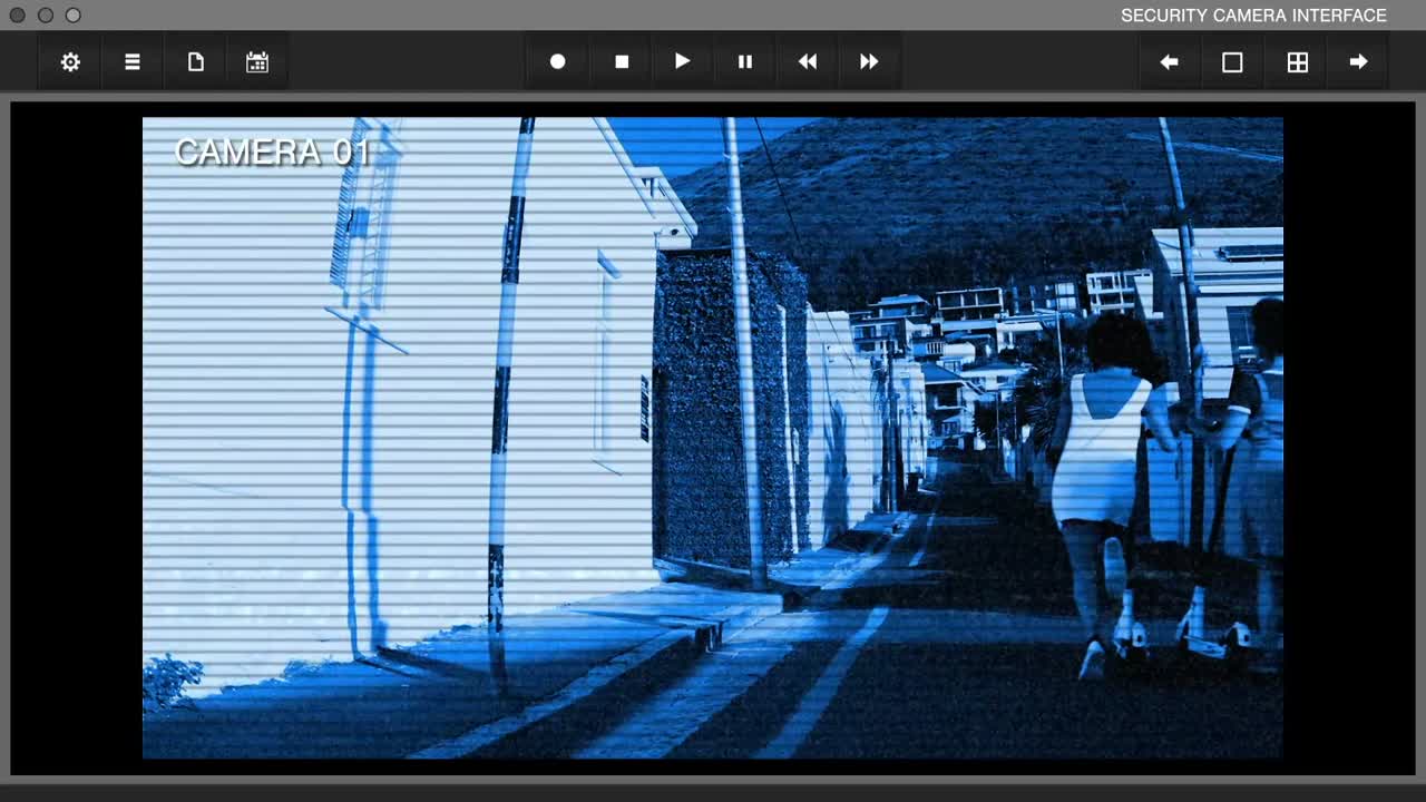 都市の活動を監視する複数の防犯カメラの映像
