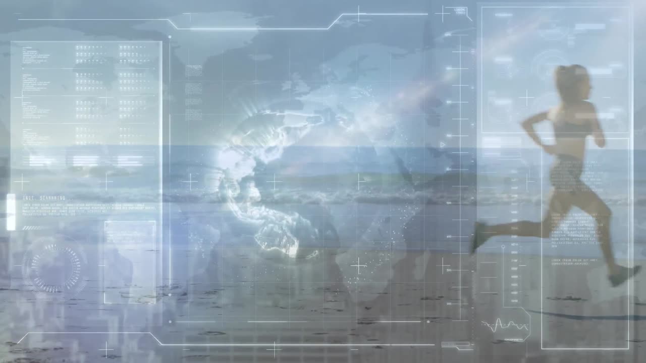 animación del procesamiento de datos sobre una mujer en forma corriendo en la playa