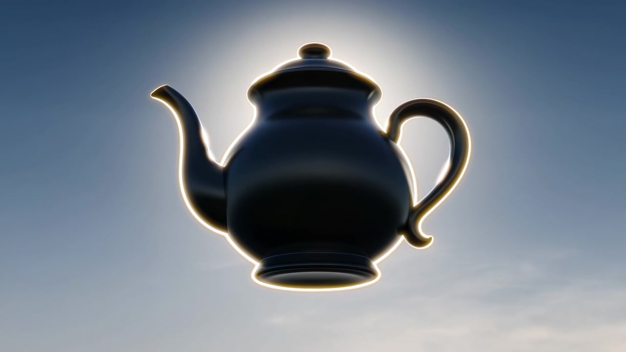 Teiera in ceramica scura e lucida mostrata contro un'intensa retroilluminazione, con il sole dietro il coperchio che crea un caldo controluce, stretti riflessi lungo il beccuccio, il manico, il coperchio e la base, e uno spazio negativo pulito.