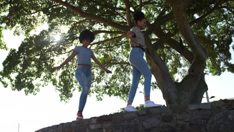 two mixed race women walking on wall in park