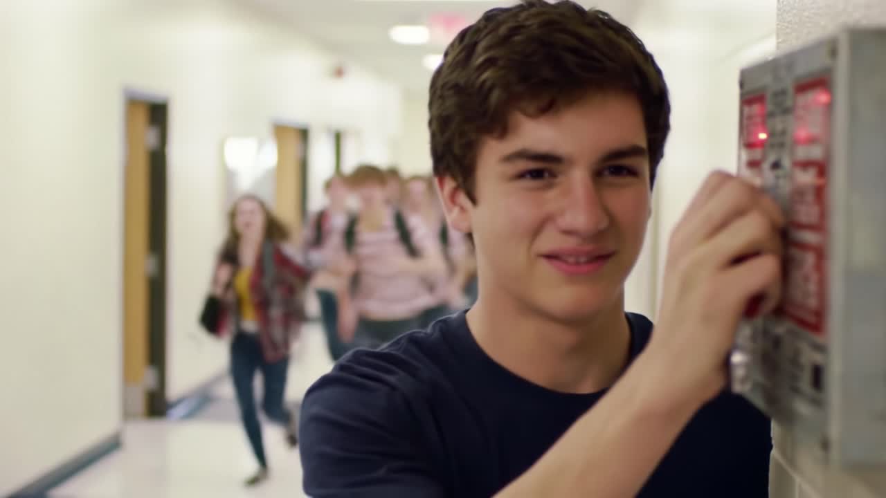 A student engages with an emergency alarm system in a bustling school hallway, setting off a flurry of anxious reactions from peers as they rush to safety
