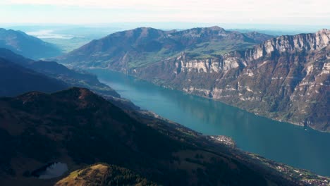 Aerial-stunning-shot-of-the-crystal-clear-Walensee-Lake,-Switzerland