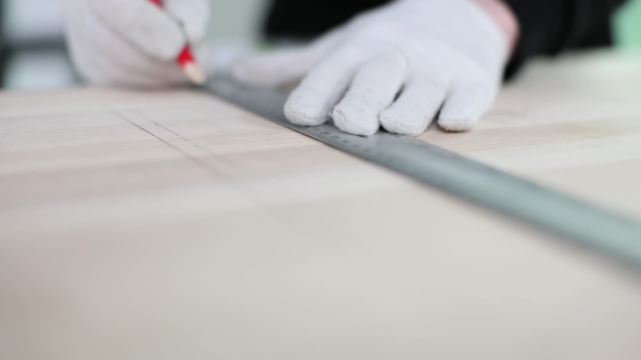 Drawing a line on wood with a ruler and pencil