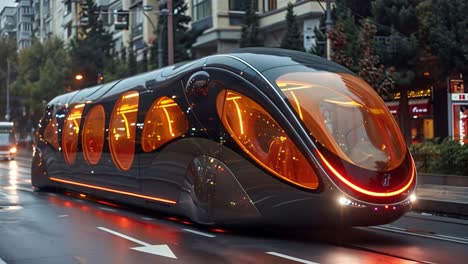 futuristic tram on a city street