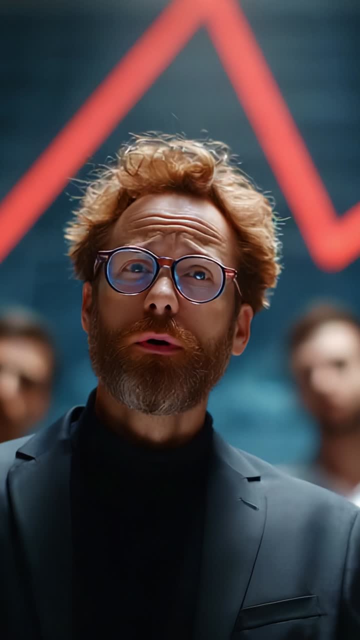 A Dynamic Presentation with a Focused Speaker Surrounded by Engaged Listeners in a Business Setting Highlighted by an Upward Trending Graph Background