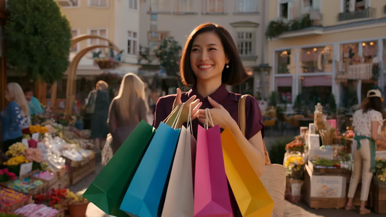 Happy Woman with Shopping Bags at a Vibrant Outdoor Market
