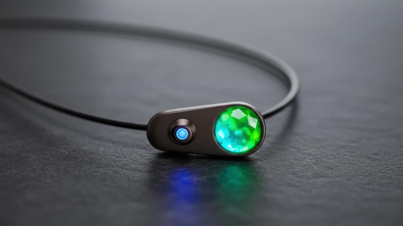 A Close-Up of a Modern, High-Tech Device Featuring a Reflective Gemstone and Illuminated Elements Against a Dark Background