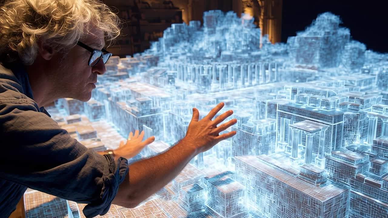 Man interacts with futuristic holographic city model in exhibition