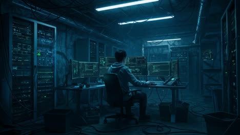 high-tech computer setup in a dimly lit server room showcasing advanced programming and data analysis