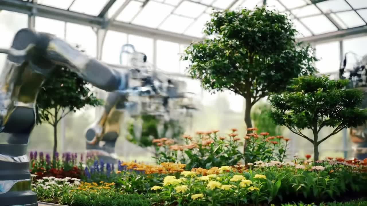 A Harmonious Blend of Technology and Nature: Robotic Arms Nurturing Flourishing Plants in a Modern Greenhouse Environment