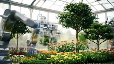 a harmonious blend of technology and nature: robotic arms nurturing flourishing plants in a modern greenhouse environment