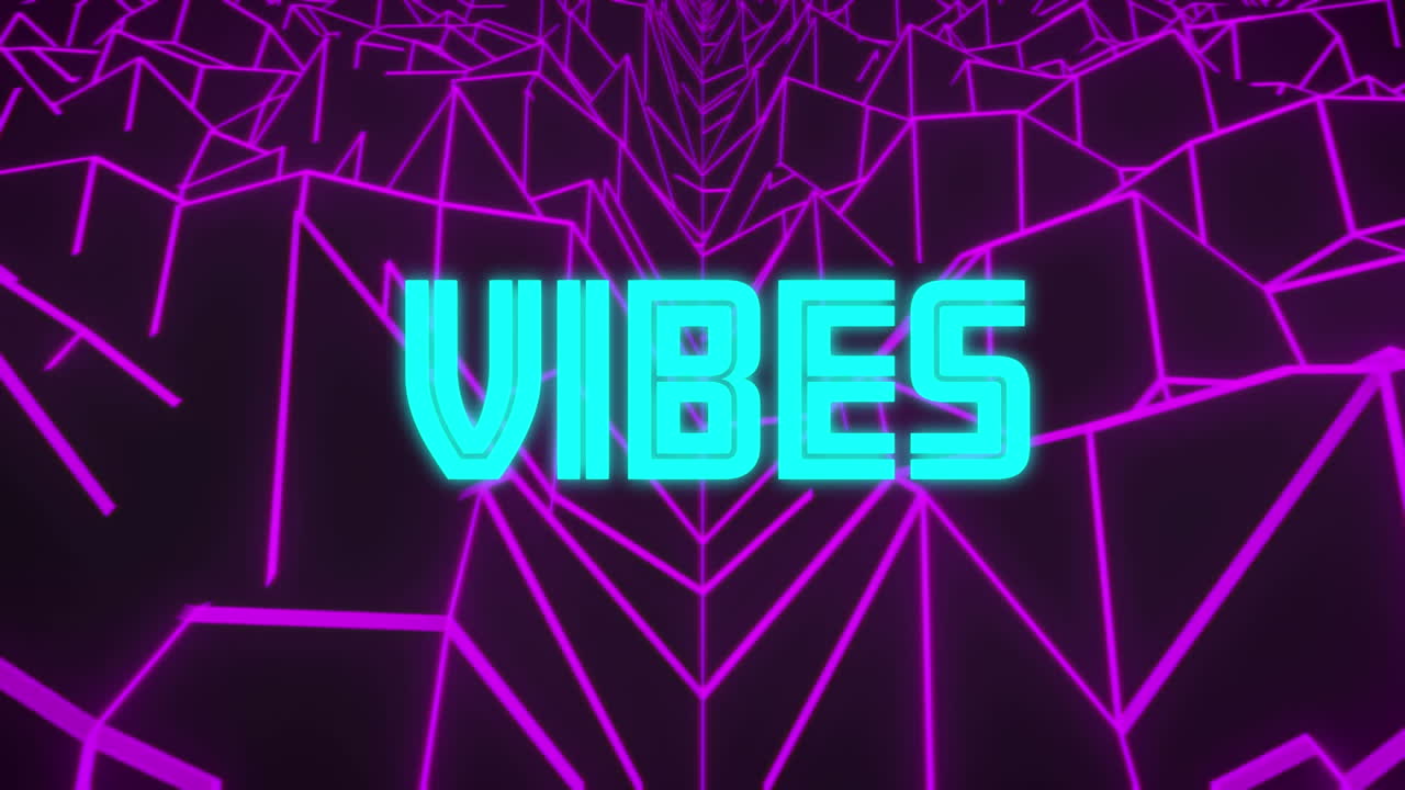 Animation of vibes text in blue and yellow letters over abstract shapes on dark background
