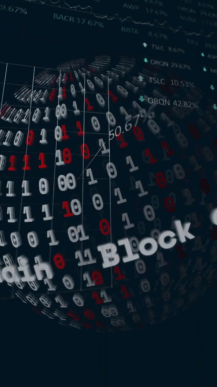 Binary code and financial graphs in dark theme with blockchain data animation