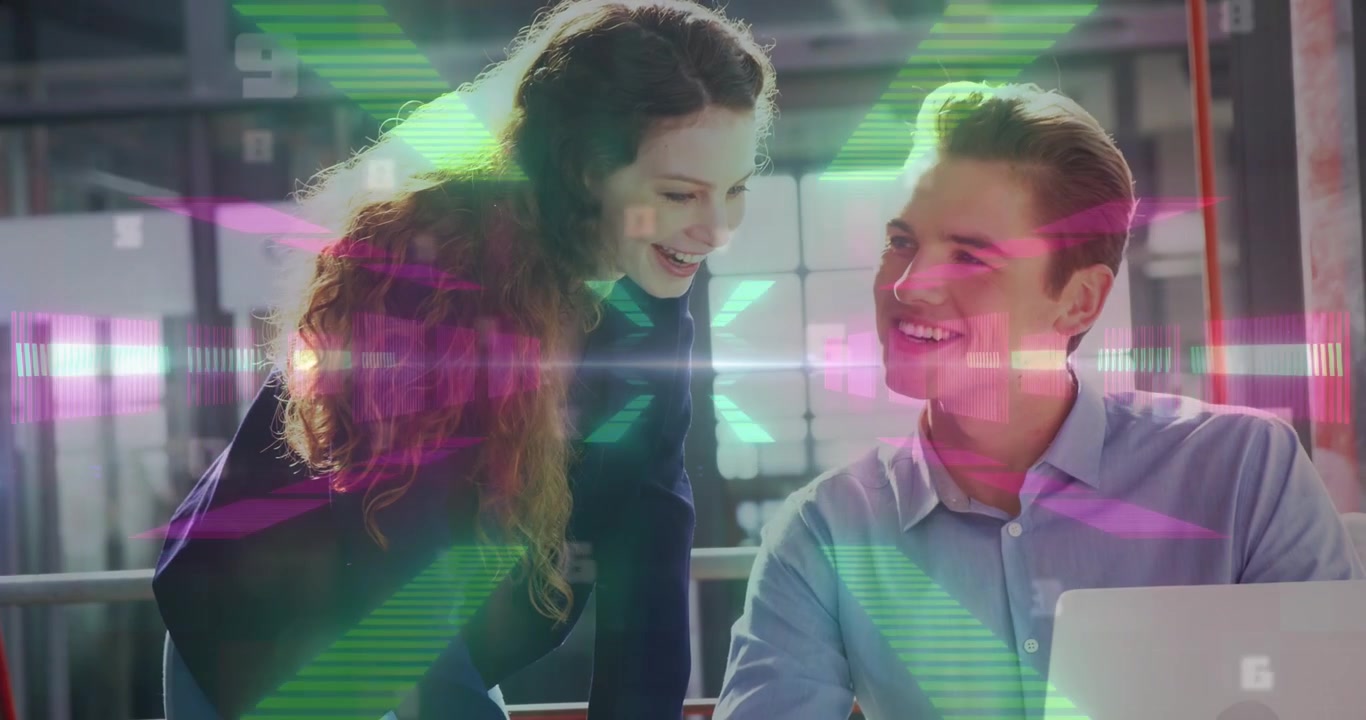 Animation of schoolboy using laptop with green screen over happy caucasian girl using tablet