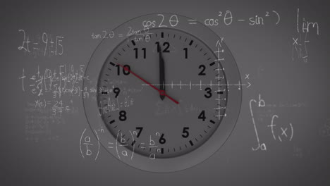 animación de ecuaciones matemáticas flotando sobre el reloj contra un fondo gris