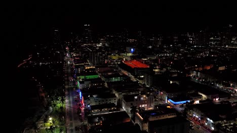 suggestive nightly aerial drone footage of miami, usa: slow rotating movement, showing the sleeping city with buildings, roads, skyscrapers, colored lights