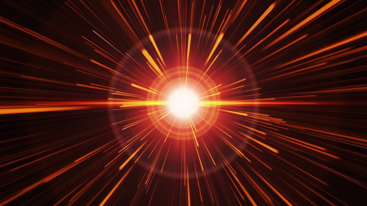 Abstract optical light flare pulsar star radiates light and energy. Optical Lens Flare with Light Burst effect. 4K 3D rendering animation of dynamic flash light with explosion gold lights sparkles.